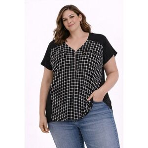 By & By Blouse Womens XL Black White Grid Zip V-Neck Short Sleeve Workwear Top